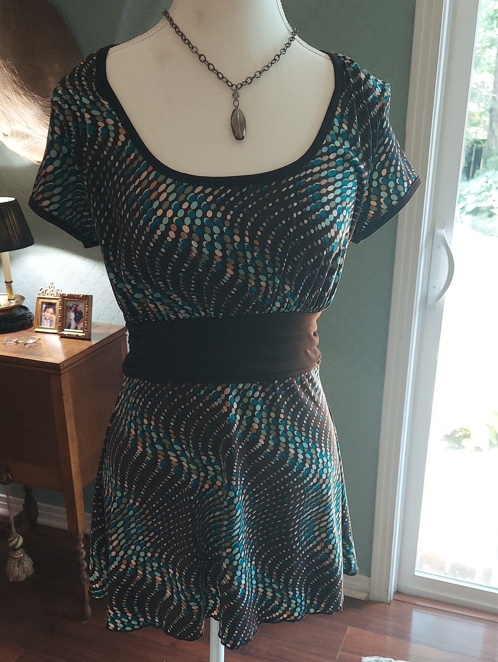 Studio Y Black Tunic Dress with Teal and Ivory Dot Wave Pattern